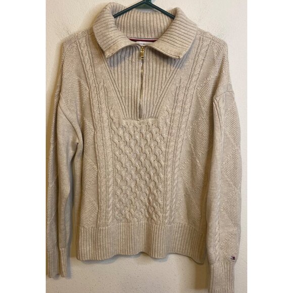Tommy Hilfiger Cable Knit Cropped Fisherman Sweater Zip Front Turtleneck MEDIUM - Picture 1 of 4